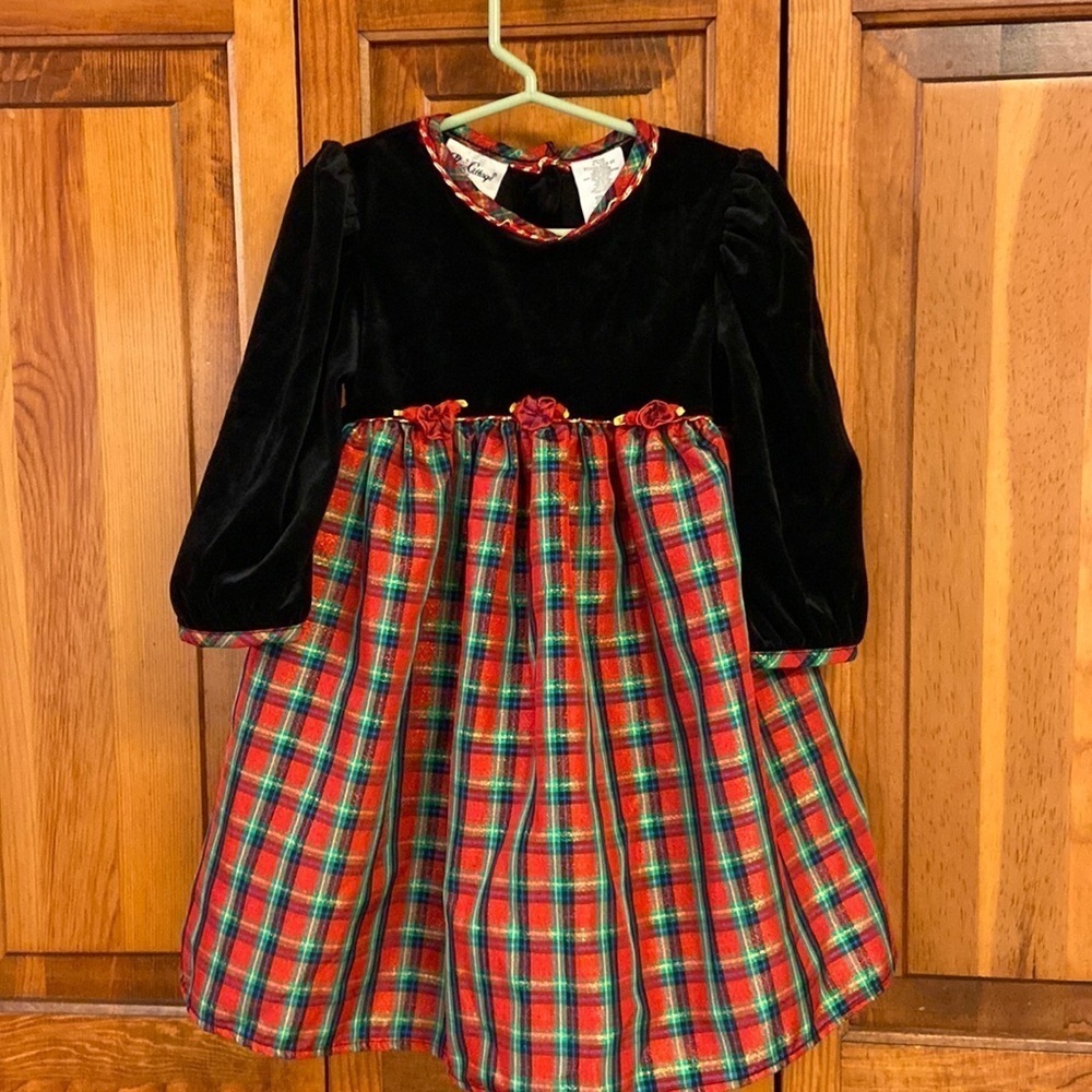 Rose Cottage Holiday Christmas Plaid/Black Velvet Dress 3T